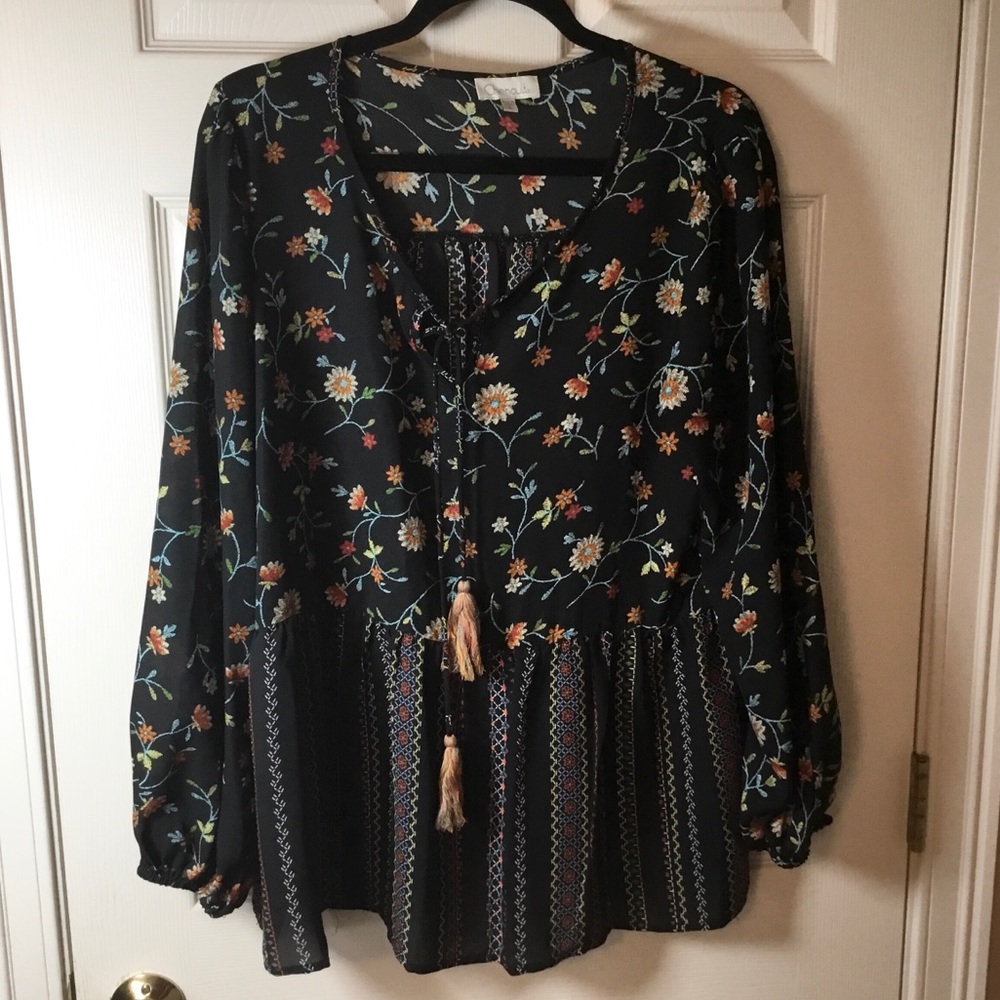 Chenault Black & Multi Color Floral Long Sleeve Blouse - XL